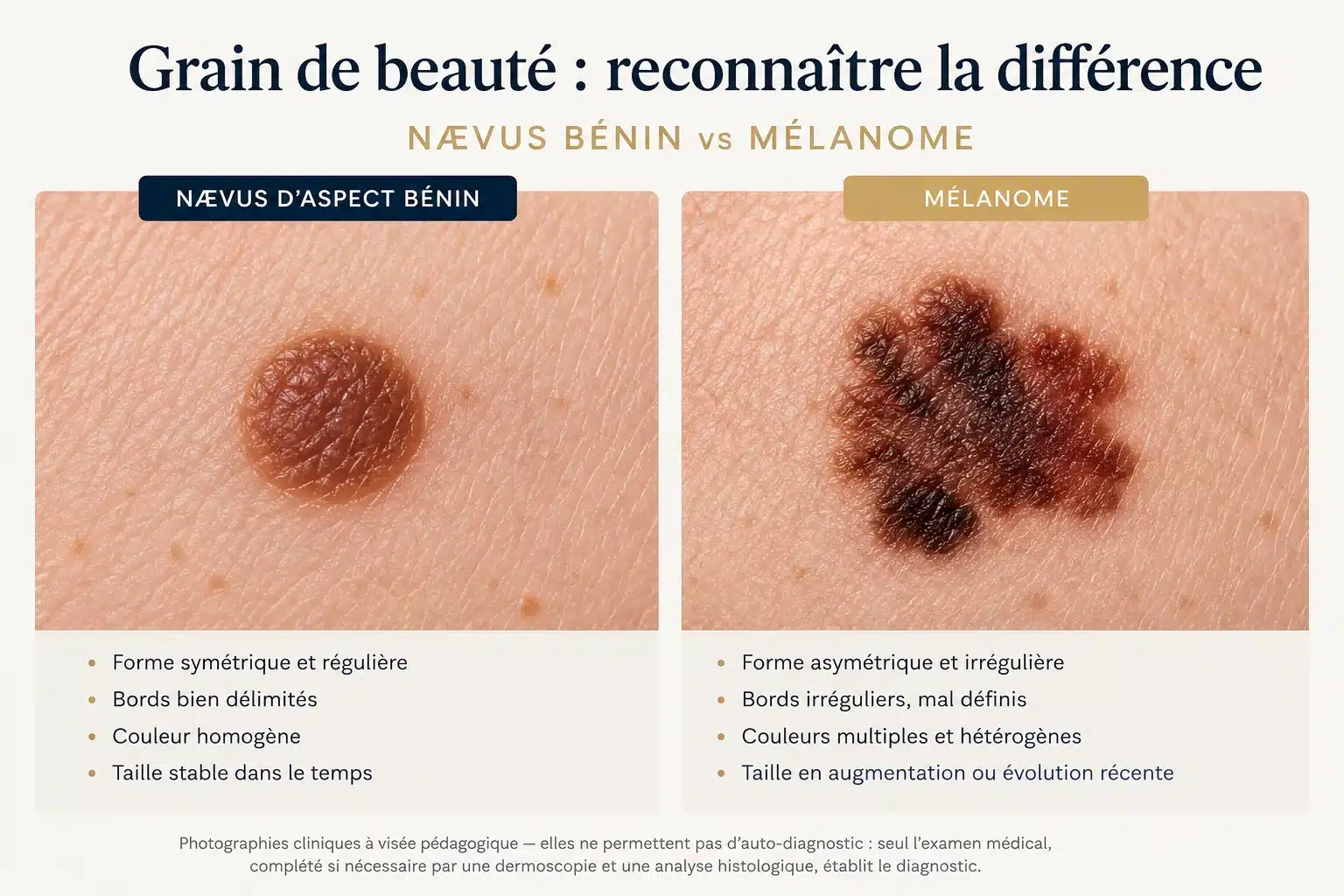 Comparaison photographique nævus d’aspect bénin (symétrique, bords délimités) versus mélanome (asymétrique, bords irréguliers, couleurs multiples)