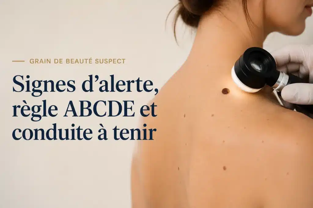 Grain de beauté suspect examiné au dermatoscope, signes d’alerte et règle ABCDE — Dr Nathaniel Stroumza-Escoffier, chirurgien à Paris