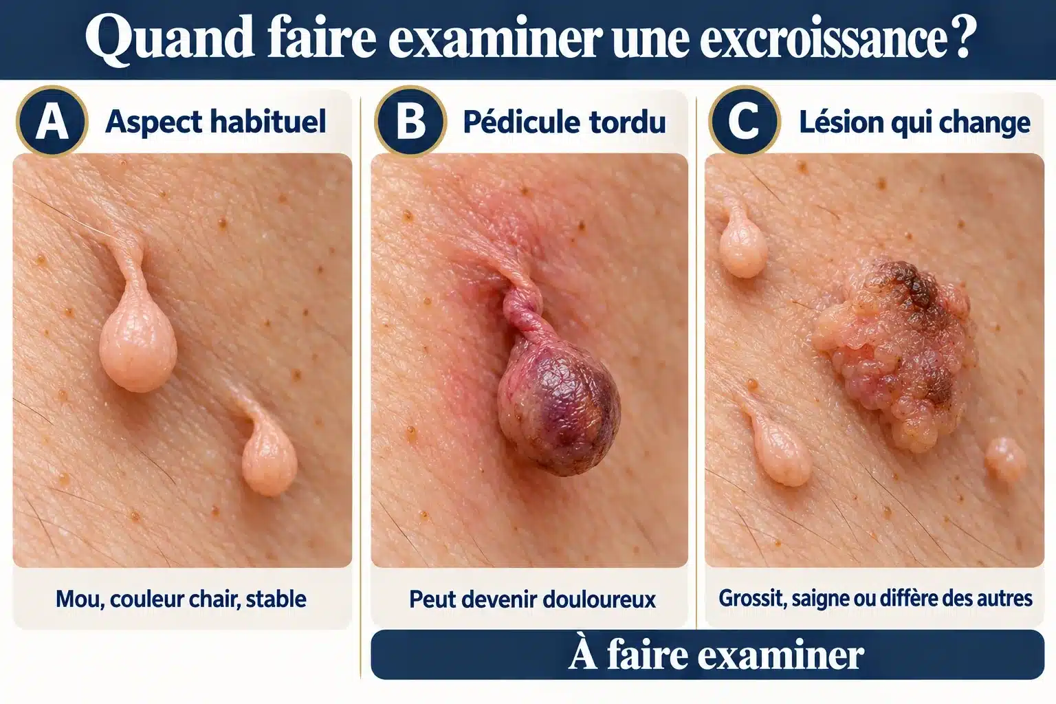 Trois situations sur la peau du cou : acrochordon habituel mou et couleur chair, acrochordon au pédicule tordu devenu sombre et douloureux, et lésion qui grossit, saigne ou diffère des autres ; les deux dernières sont à faire examiner