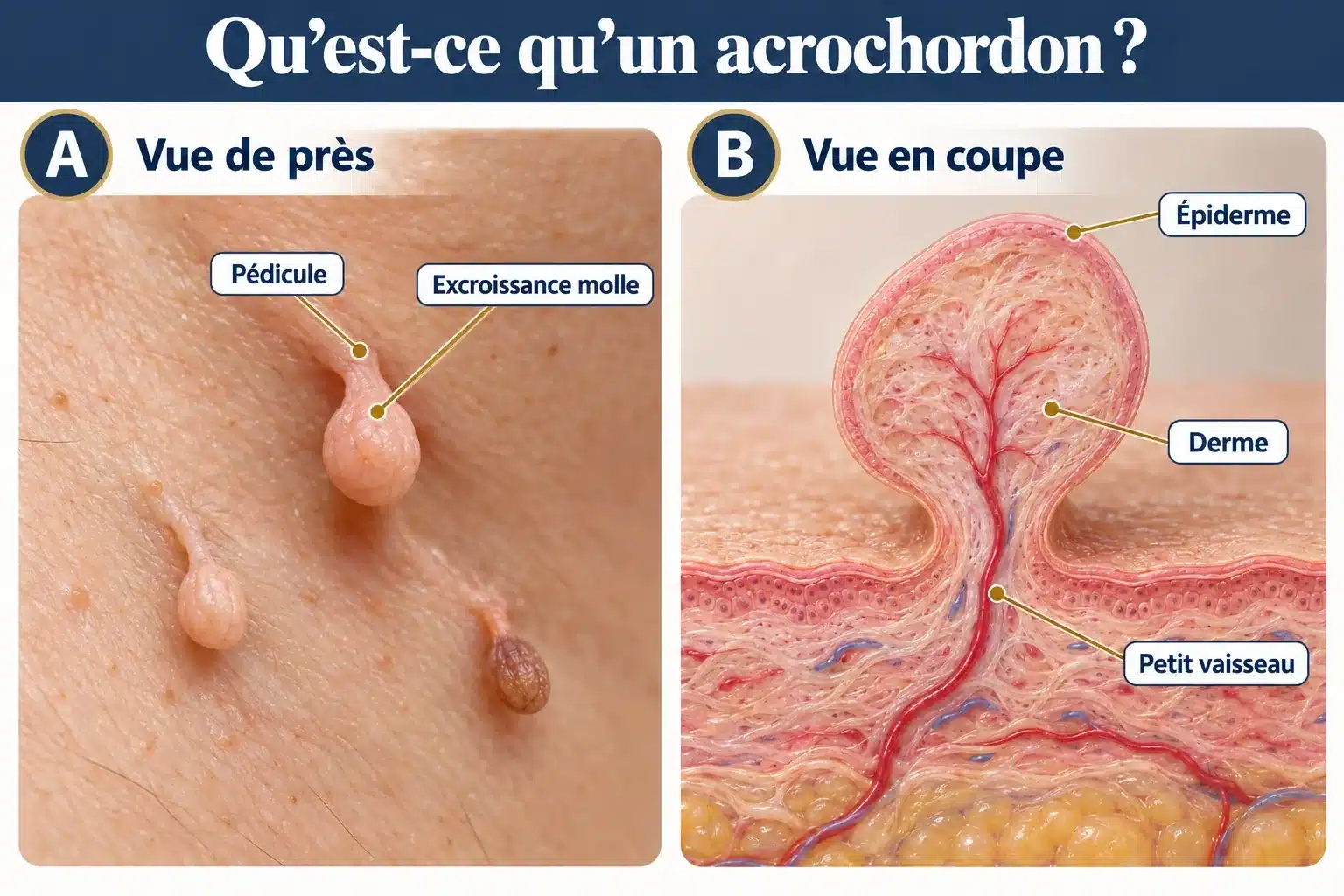 Acrochordon vu de près sur la peau du cou et en coupe : petite excroissance molle reliée à la peau par un pédicule, recouverte d’épiderme, avec un cœur de derme et un petit vaisseau