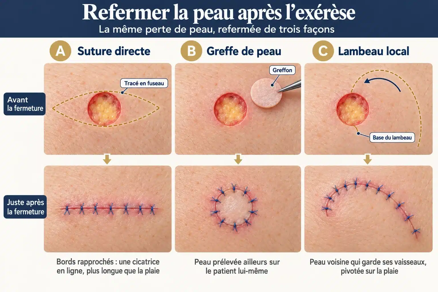 La même perte de peau du haut du dos, avant puis juste après la fermeture, refermée de trois façons : suture directe après un tracé en fuseau, greffe de peau, et lambeau local qui pivote en restant attaché par sa base
