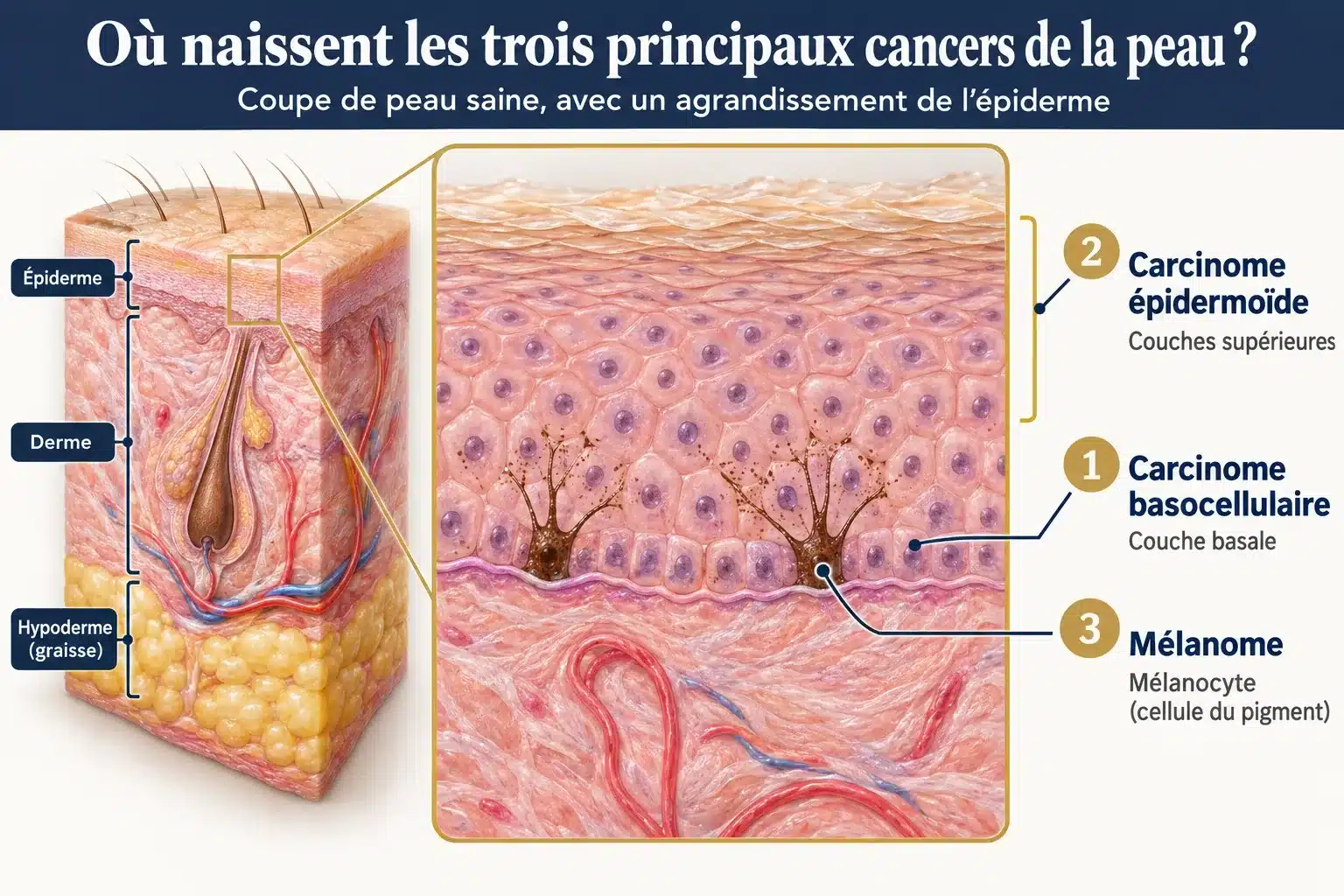 Coupe de peau saine avec un agrandissement de l’épiderme : le carcinome basocellulaire naît de la couche basale, le carcinome épidermoïde des couches supérieures et le mélanome des mélanocytes, situés dans la couche basale