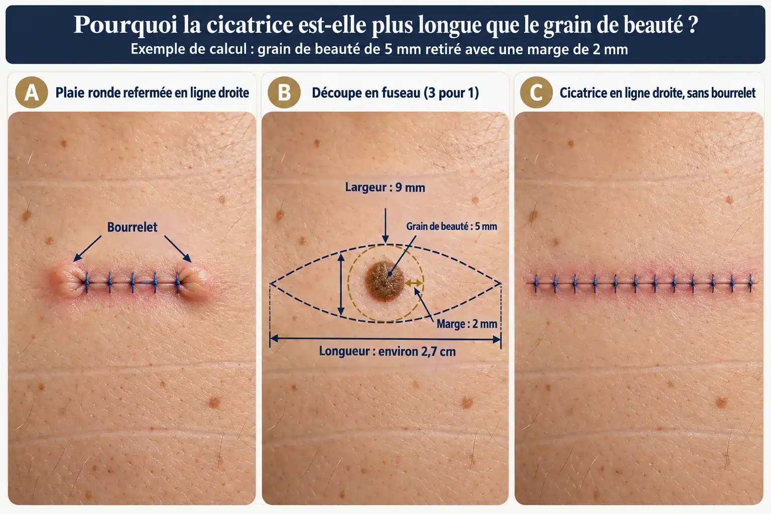Schéma : après ablation d’un grain de beauté, une plaie ronde suturée forme deux bourrelets, alors qu’une découpe en fuseau environ trois fois plus longue que large se referme en une cicatrice droite