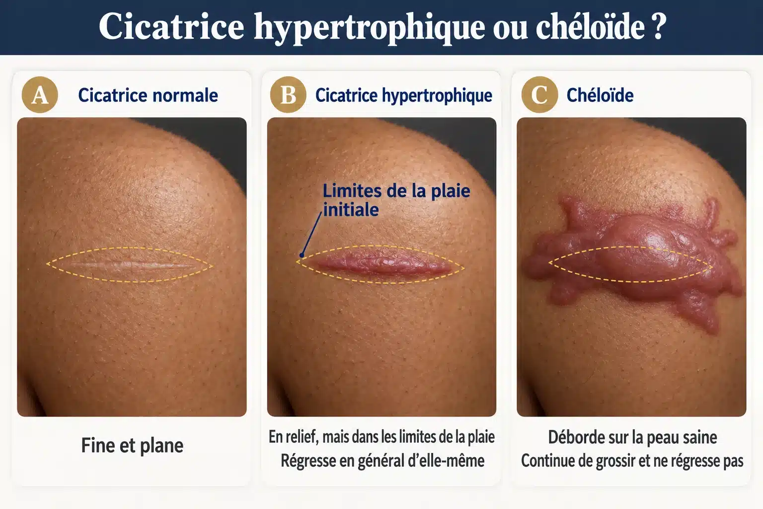 Comparaison d’une cicatrice normale, d’une cicatrice hypertrophique restée dans les limites de la plaie et d’une chéloïde qui déborde sur la peau saine