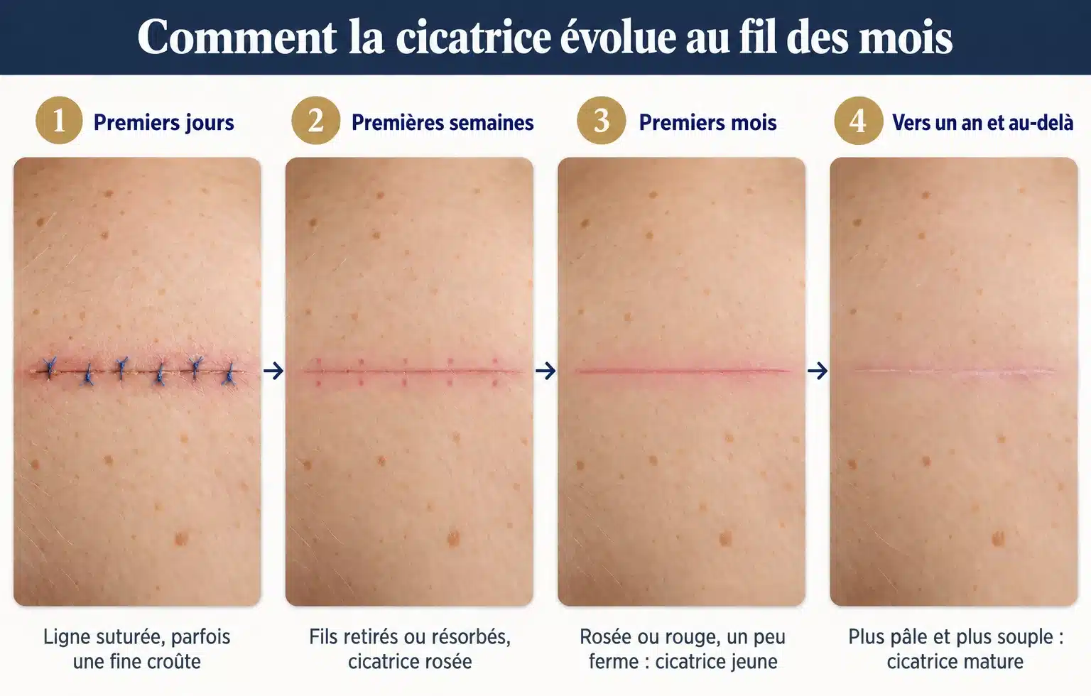 Quatre vues de la même cicatrice après ablation d’un grain de beauté : premiers jours, premières semaines, premiers mois, puis vers un an et au-delà