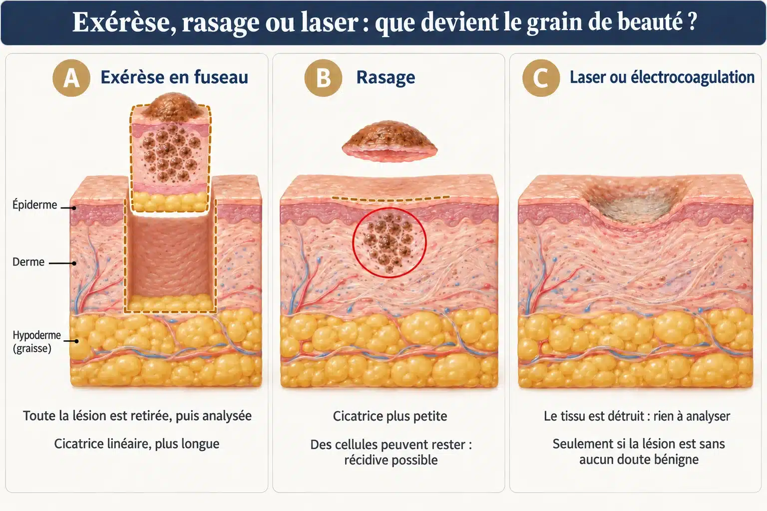 Coupe de la peau comparant trois façons de traiter un grain de beauté : exérèse en fuseau, rasage, et laser ou électrocoagulation