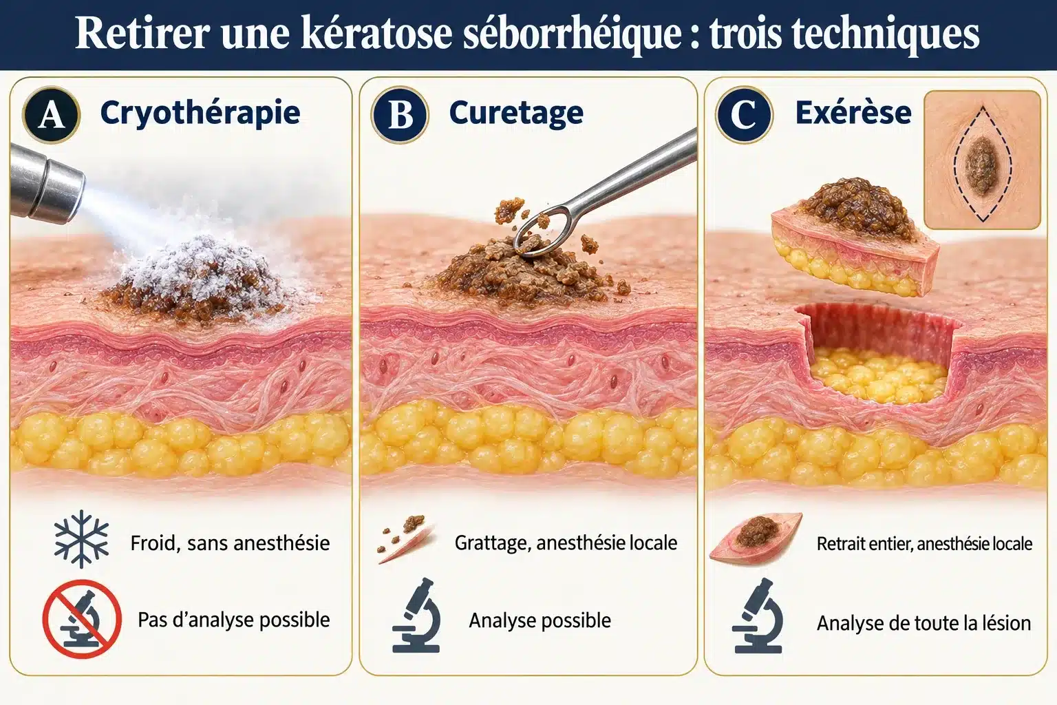 Trois techniques de retrait d’une kératose séborrhéique en coupe de peau : cryothérapie sans analyse possible, curetage et exérèse permettant l’analyse au microscope