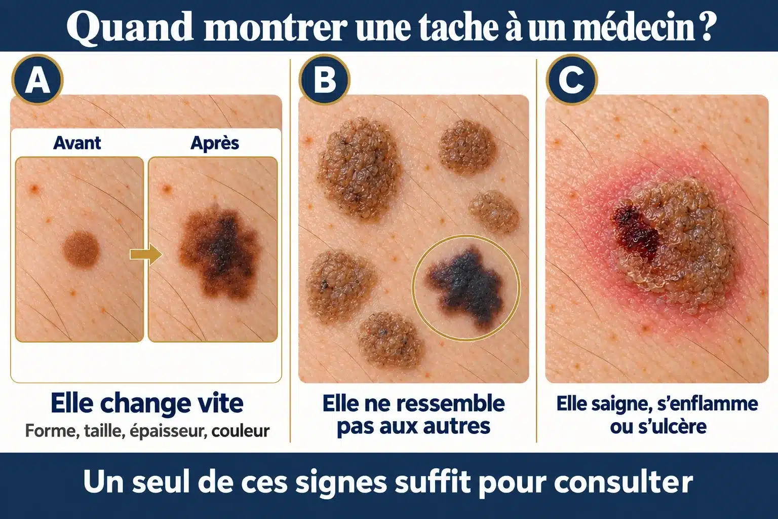 Trois signes qui doivent amener à montrer une tache à un médecin : tache qui change vite, tache différente des autres, lésion qui saigne ou s’enflamme