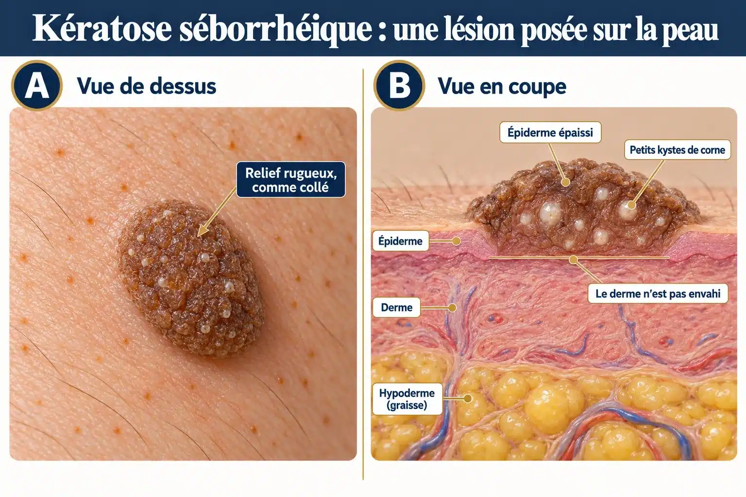 Kératose séborrhéique vue de dessus et en coupe : plaque brune rugueuse posée sur la peau, épiderme épaissi contenant de petits kystes de corne, derme non envahi