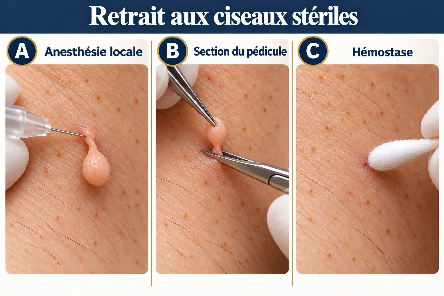 Les trois temps du retrait d’un acrochordon au cabinet : anesthésie locale à la base, section du pédicule aux ciseaux stériles, puis arrêt du petit saignement sur une plaie minuscule